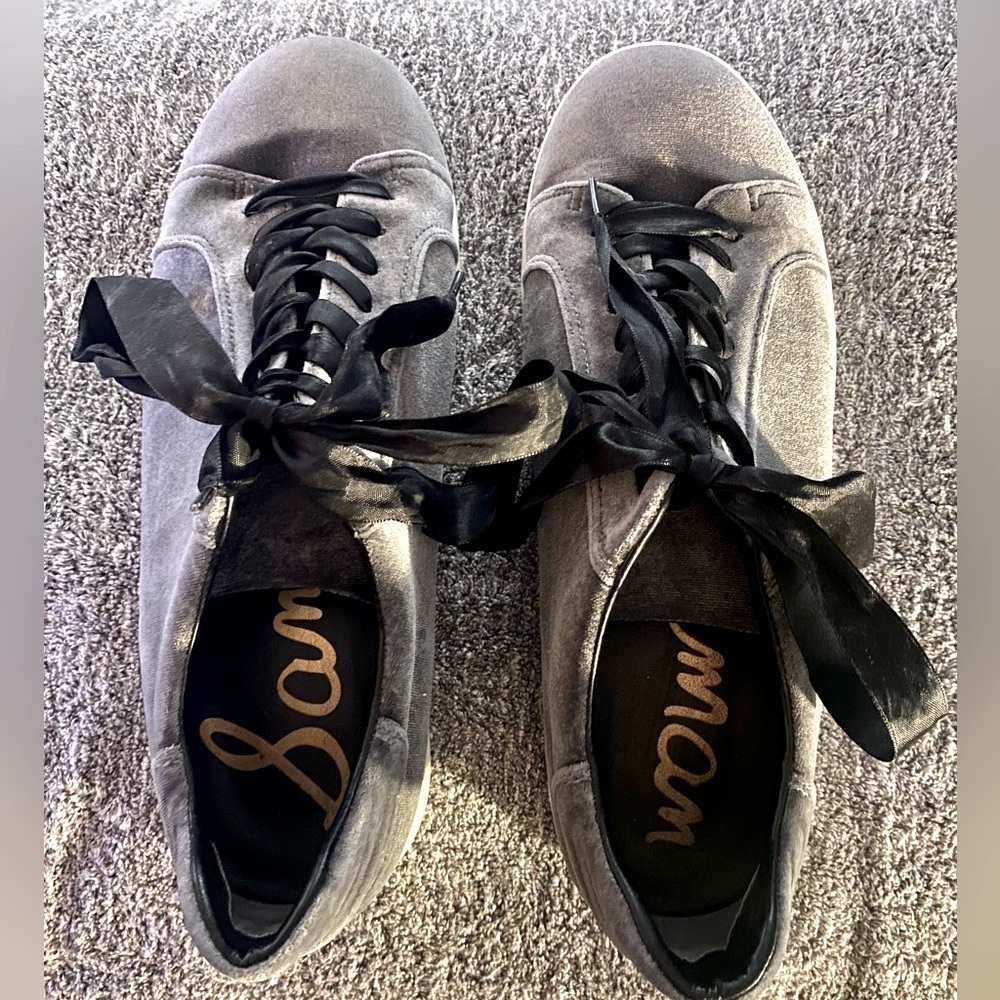 SAM EDELMAN Gray Velvet Sneakers with Satin Laces, Size 10